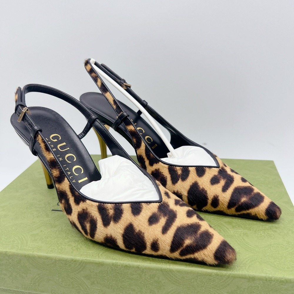 Gucci Priscilla 85 Pointed Toe Slingback Pumps Heel Leopard Print EU 36.5 US 6.5